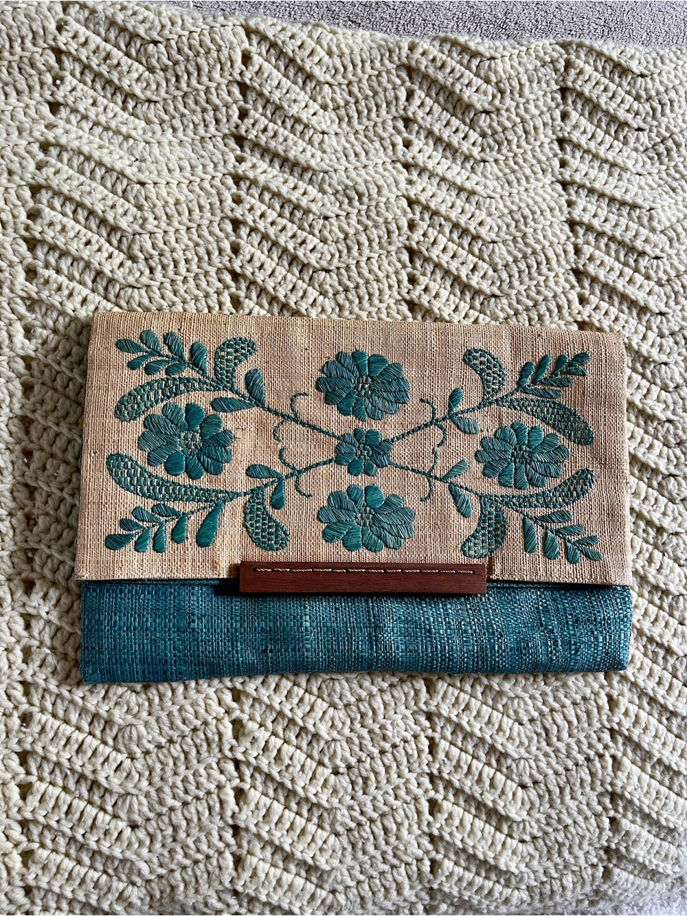 Mar Y Sol Handcrafted Teal Floral Embroidered Fold-Over Clutch